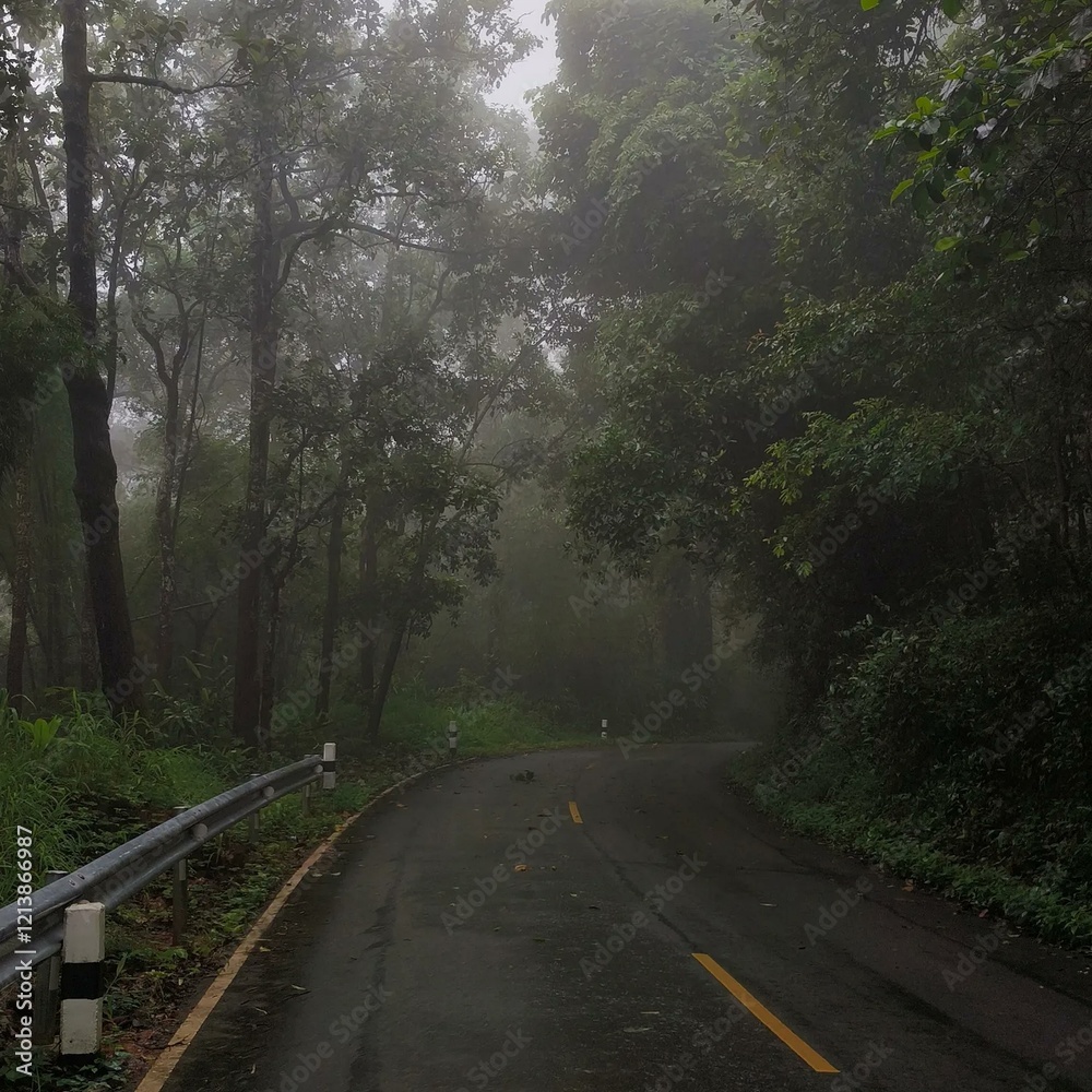 Obraz premium Misty Forest Road A Serene Path Surrounded by Lush Greenery and Enveloped in Early Morning Fog