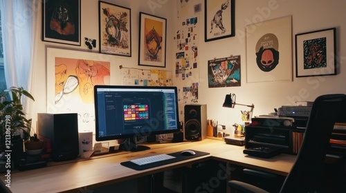 Wallpaper Mural Artist's cozy home office, designing, night, artwork Torontodigital.ca