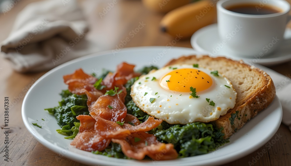 A plate featuring two sunny-side-up eggs, crispy bacon, sautéed spinach, and a slice of toasted multigrain bread, The meal is garnished with chopped parsley and a steaming cup of coffee. A plate featuring two sunny-side-up eggs, crispy bacon, sautéed spinach, and a slice of toasted multigrain bread, The meal is garnished with chopped parsley and a steaming cup of coffee.