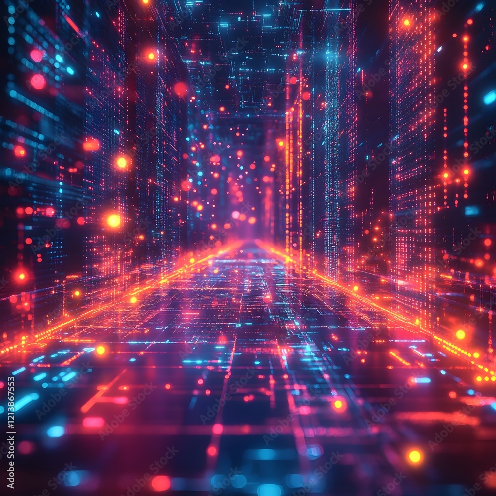 Obraz premium Futuristic Digital Cyber Landscape with Vibrant Neon Lights and Glowing Data Network