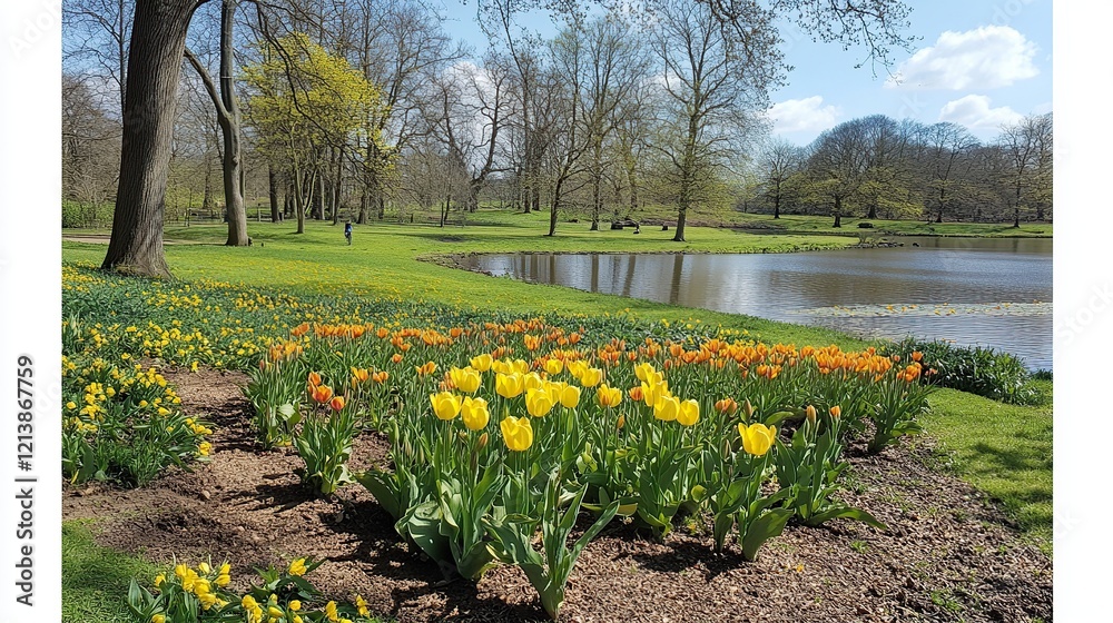 Obraz premium Spring park scene with colorful tulips blooming near pond.