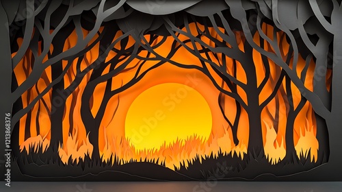 A paper cut scene of a forest burning with bright orange flames curling around the black silhouette of trees, with the space for text.