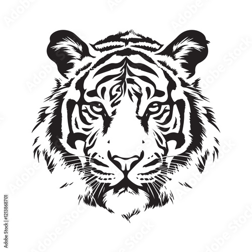 a fierce tiger front head profile face black vector isolated on a white background  tattoo style for tee shirt printing high quality 