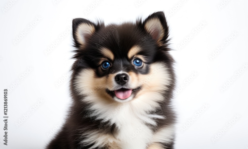 Adorable pomeranian puppy with fluffy fur and bright blue eyes on a white background Adorable pomeranian puppy with fluffy fur and bright blue eyes on a white background