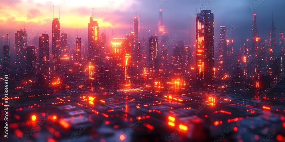 Obraz premium Futuristic Neon Lit Cityscape with Skyscrapers and Illuminated Skyline at Dramatic Sunset