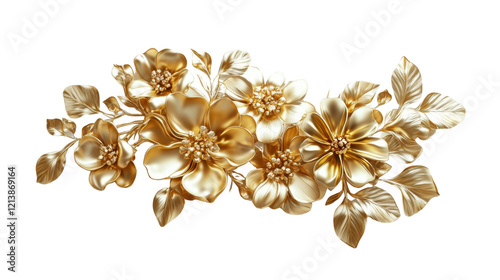 A digitally rendered image showcasing a lavish arrangement of gold flowers and leaves against a black backdrop.