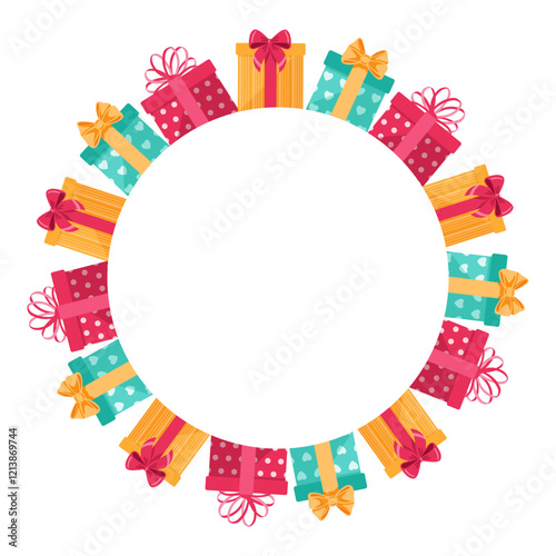 Cute colorful wreath with gifts. For birthday and other. Vector illustration. On white background.