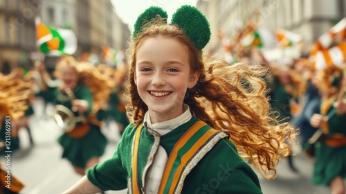 Joyful girl at st. patrick's day parade with irish flags and festive green attire photo