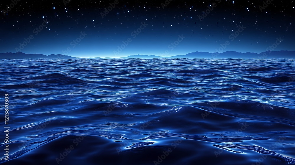 Fototapeta premium Serene Nighttime Ocean Under Starlit Sky Mountains Distant