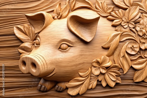A beautifully carved wooden pig surrounded by floral details, showcasing intricate craftsmanship and natural textures.