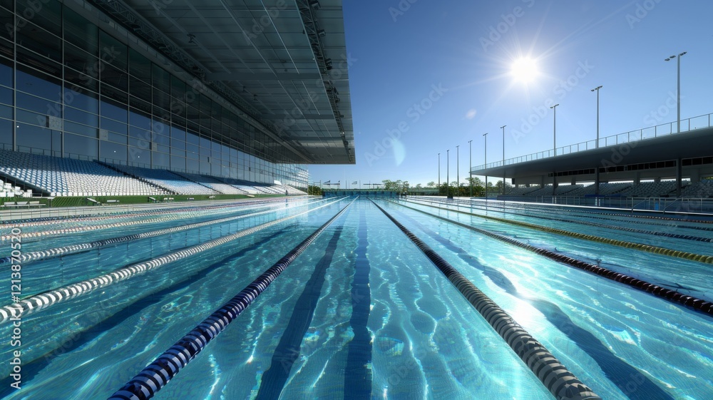 Fototapeta premium Olympic swimming pool. Interior swimming pool, stadium, event, indoor. Brightly lit, fresh water. 
