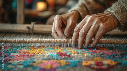 Artisan weaving colorful textile with intricate patterns