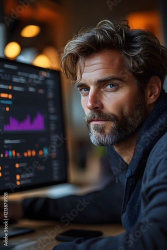 Professional Businessman Analyzing Financial Data on Computer Monitor
