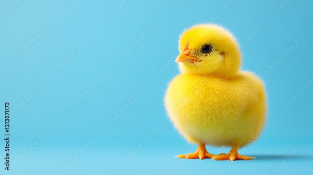 Small yellow chick standing on a blue background. The chick is looking at the camera. Concept of innocence and curiosity Small yellow chick standing on a blue background. The chick is looking at the camera. Concept of innocence and curiosity