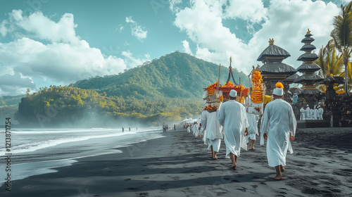 Melasti, the priests carry sacred objects to the sea, walking on black sand with the temple and green mountains in the background, Ai generated images