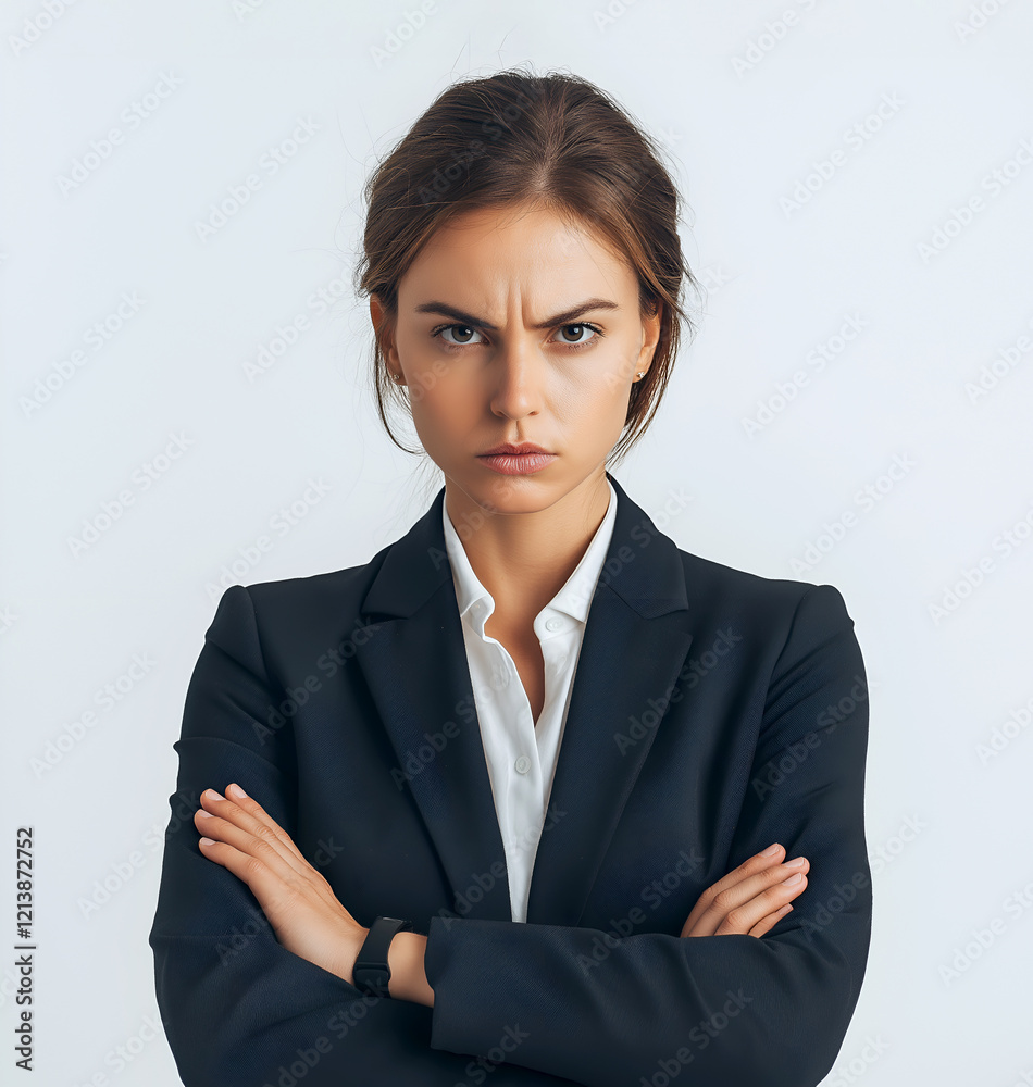 Businesswoman with intense gaze looking directly into the camera with a serious expression and arms crossed against a light background conveying determination and confidence Businesswoman with intense gaze looking directly into the camera with a serious expression and arms crossed against a light background conveying determination and confidence