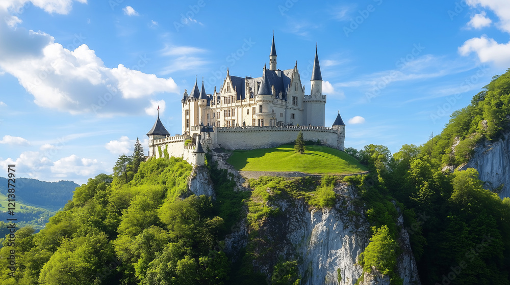 Fairytale Castle on a Hilltop with Forest Backdrop Fairytale Castle on a Hilltop with Forest Backdrop