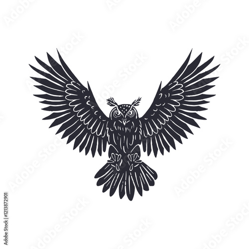 Hand drawn eagle-owl black silhouette flying isolated on white background. Monochrome nocturnal bird vector illustration.