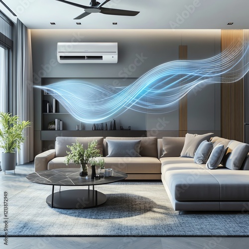 Modern living room with air conditioner, cool air flow visualized.
