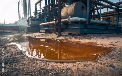 Iraq air pollution, Oil spill near industrial machinery reflecting in puddle.