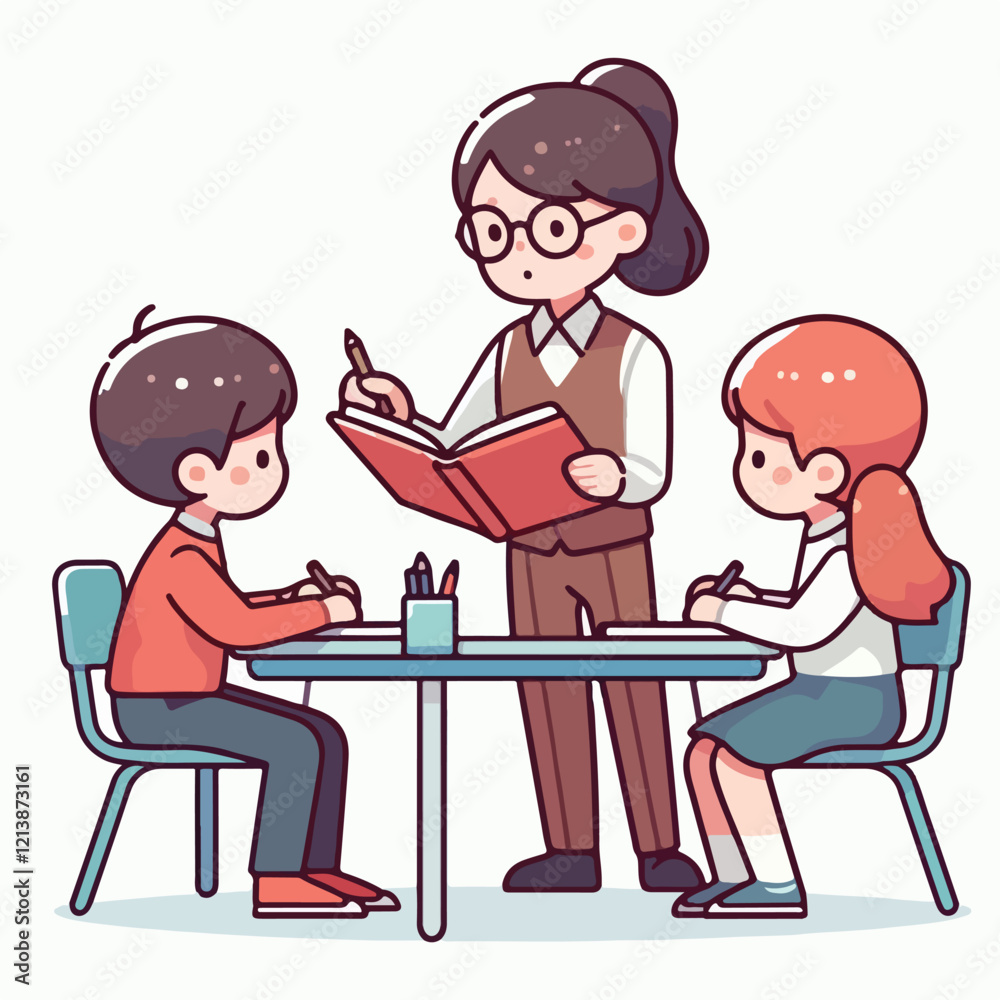 Cartoon of Teacher Guiding Students in Classroom Study Cartoon of Teacher Guiding Students in Classroom Study