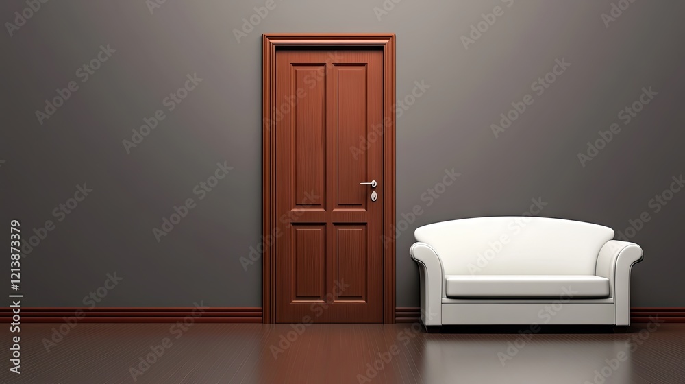 Fototapeta premium A minimalist living room with gray-brown walls, a compact couch, and a wooden door with a matte finish.