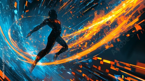 Futuristic digital human with radiant blue and orange energy beams flowing around in a cybernetic world