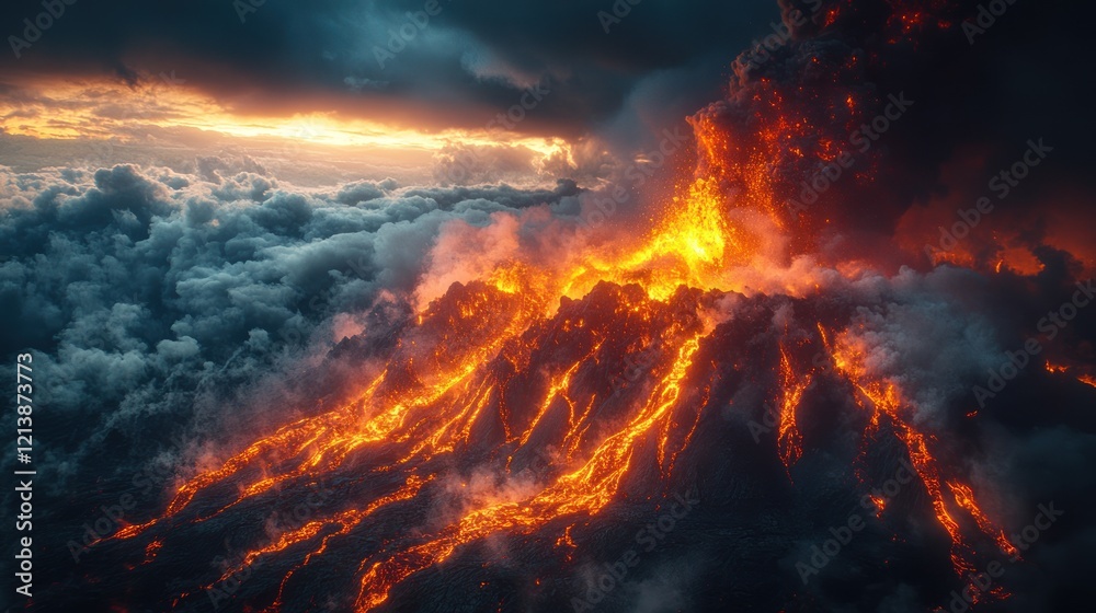 Fiery Volcanic Eruption: A Breathtaking Aerial View of a Volcano's Explosive Power Fiery Volcanic Eruption: A Breathtaking Aerial View of a Volcano's Explosive Power