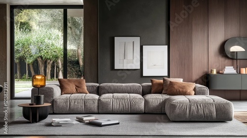 A modern living room with gray-brown tones, a modular sofa, and a wide sliding glass door.