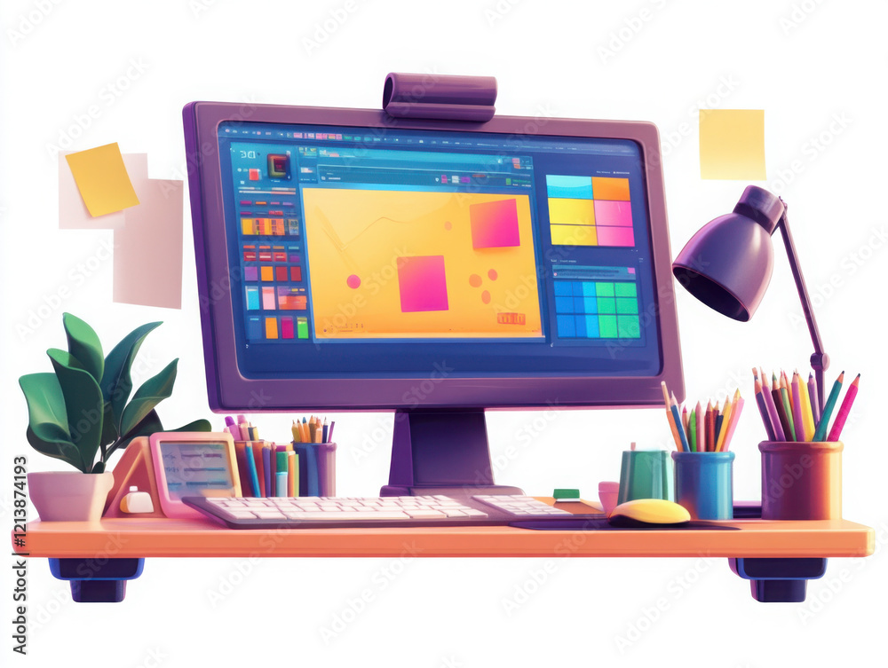 3D illustration of a modern graphic designer's desk with a computer displaying colorful digital art software, creative design tools 3D illustration of a modern graphic designer's desk with a computer displaying colorful digital art software, creative design tools