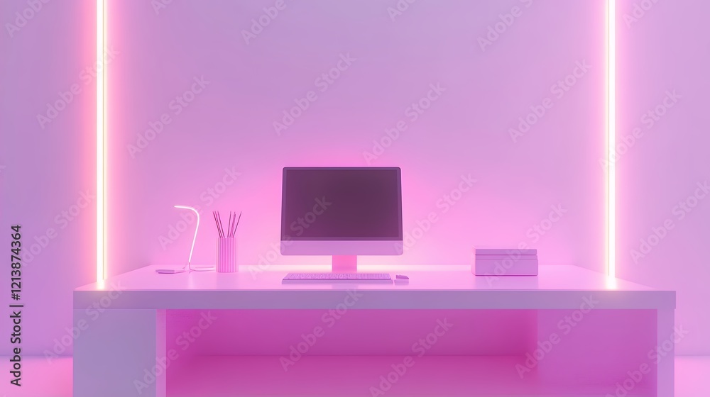 Pink Neon Desk Setup Modern Computer Workspace Pink Neon Desk Setup Modern Computer Workspace