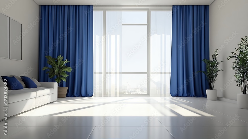Fototapeta premium Modern Living Room Design with Blue Curtains and City View