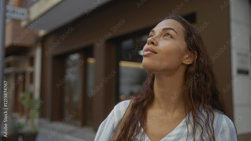 Young woman with long brunette hair looking up while standing on an urban street with buildings in the background Young woman with long brunette hair looking up while standing on an urban street with buildings in the background