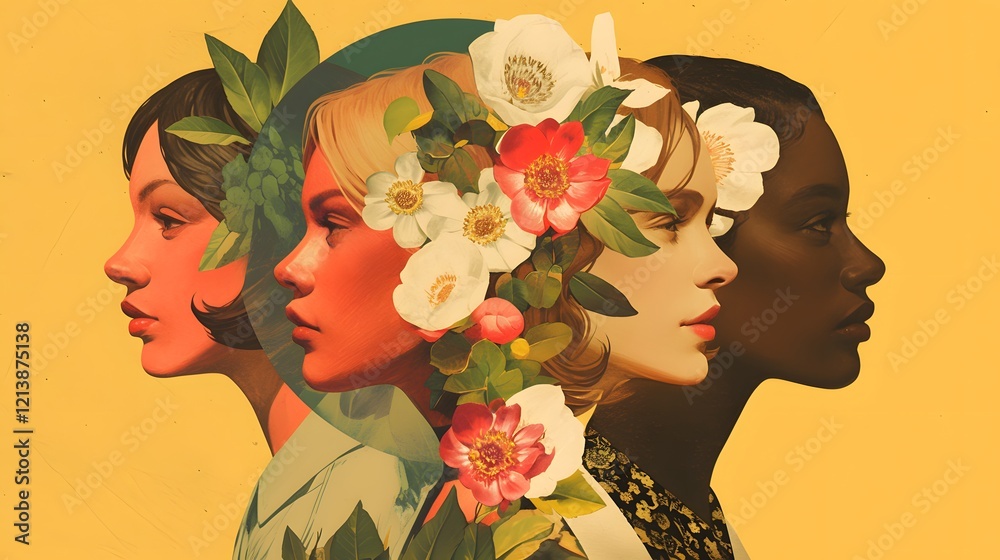 group of women with flowers in their hair, depicted in a photo collage style for Women's History Month