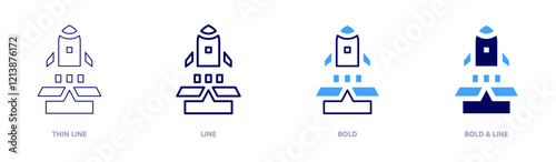 Startup exit icon in 4 different styles. Thin Line, Line, Bold, and Bold Line. Duotone style. Editable stroke