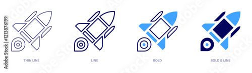 Startup failure icon in 4 different styles. Thin Line, Line, Bold, and Bold Line. Duotone style. Editable stroke