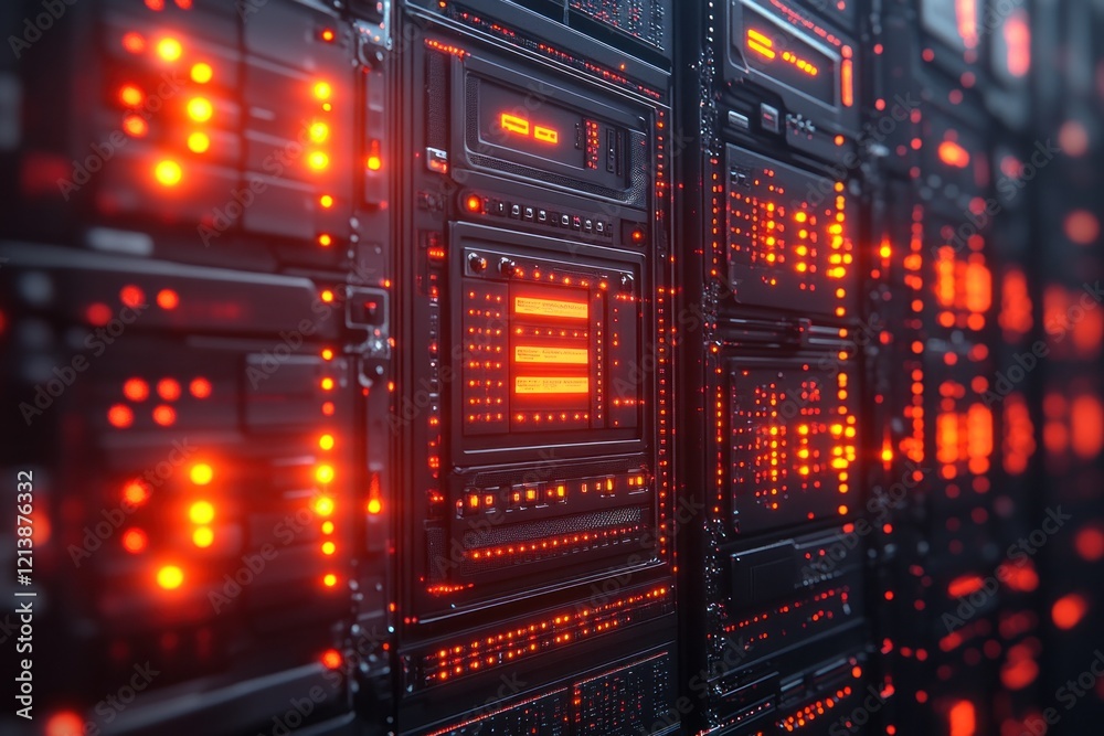 Obraz premium Futuristic server room with glowing lights and technology