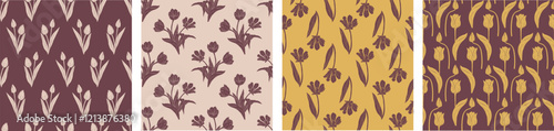Vintage brown seamless patterns set with tulips flowers. Hand drawn floral background. Spring flowers silhuette wallpaper bundle