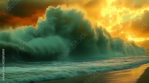Majestic Ocean Waves Crashing Under Sunset Sky