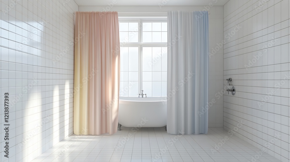 Fototapeta premium Modern Bathroom Design with Freestanding Tub and Pastel Curtains