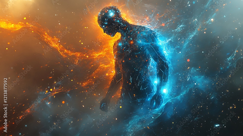 Fototapeta premium Cybernetic human figure glowing with blue and orange energy in a high-tech digital realm