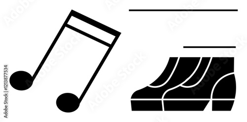 Musical note paired with stylized boots symbolizes rhythm, dance, and movement. Ideal for dance, music, performance, art projects, design balance synchronization. Clean abstract line flat metaphor