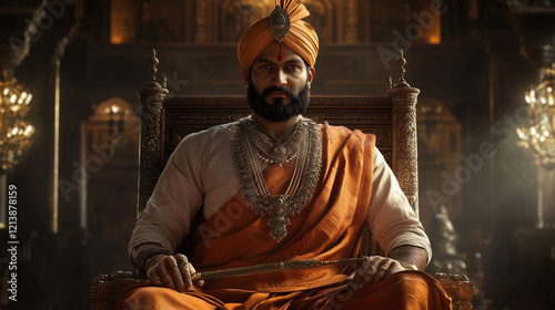 realistic portrait of Maharaja Shivaji sitting on a golden throne, wearing traditional jewelry and a royal sword, ai generated images. photo