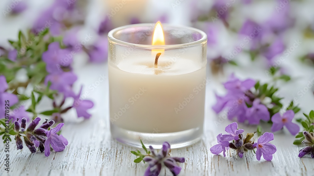Glowing Lavender Candle Flame Surrounded by Botanical Decor for Serene Wellness Ambiance Glowing Lavender Candle Flame Surrounded by Botanical Decor for Serene Wellness Ambiance