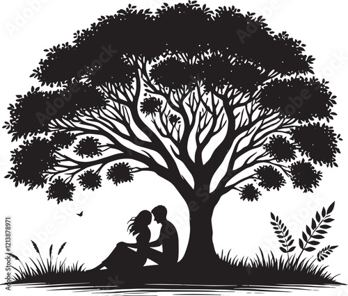 A romantic couple under a beautiful tree vector illustration isolated on a white background