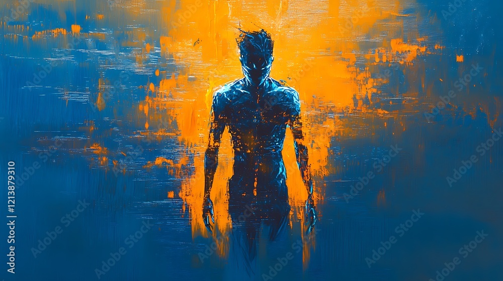 Fototapeta premium Futuristic human bathed in blue and orange light in a high-tech cybernetic digital world