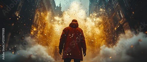 Explosive urban warfare scene with a lone soldier in the midst of a fiery city under attack