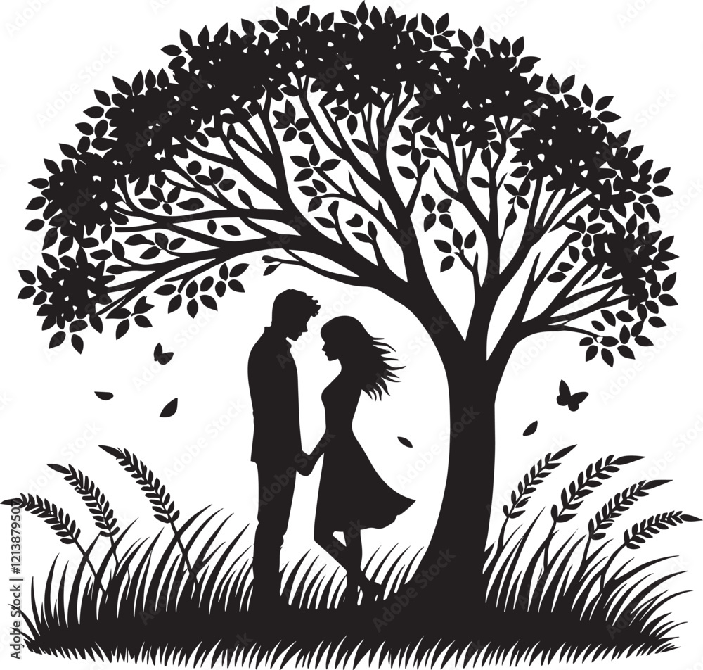 Fototapeta premium A romantic couple under a beautiful tree vector illustration isolated on a white background