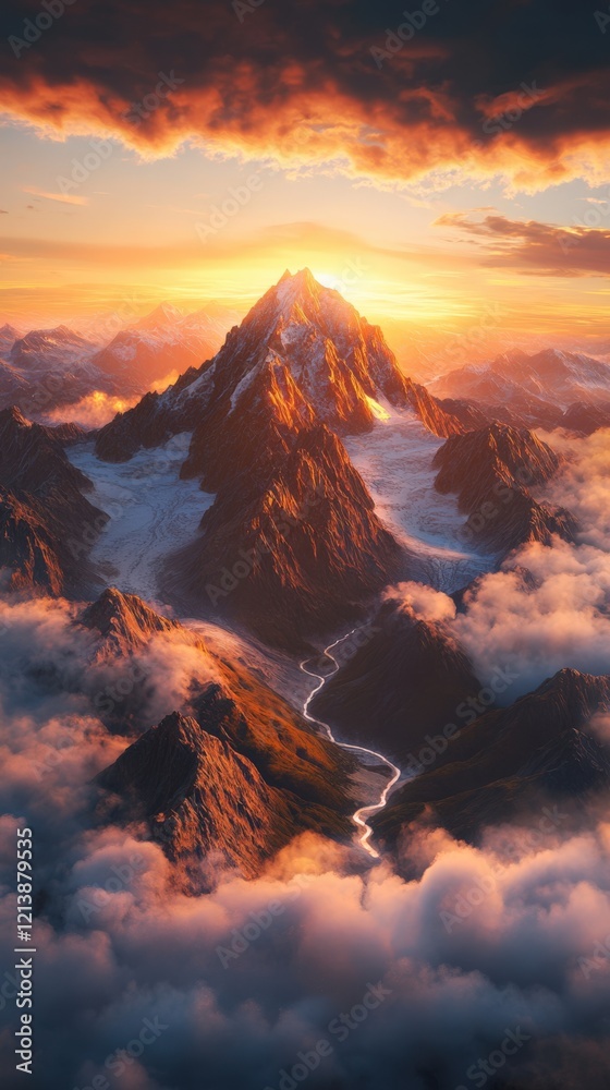 Fototapeta premium Breathtaking Mountain Landscape at Sunrise with Dramatic Clouds and Serene River Flowing through the Valley, Capturing the Beauty of Nature