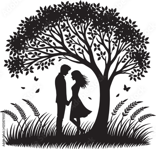 A romantic couple under a beautiful tree vector illustration isolated on a white background